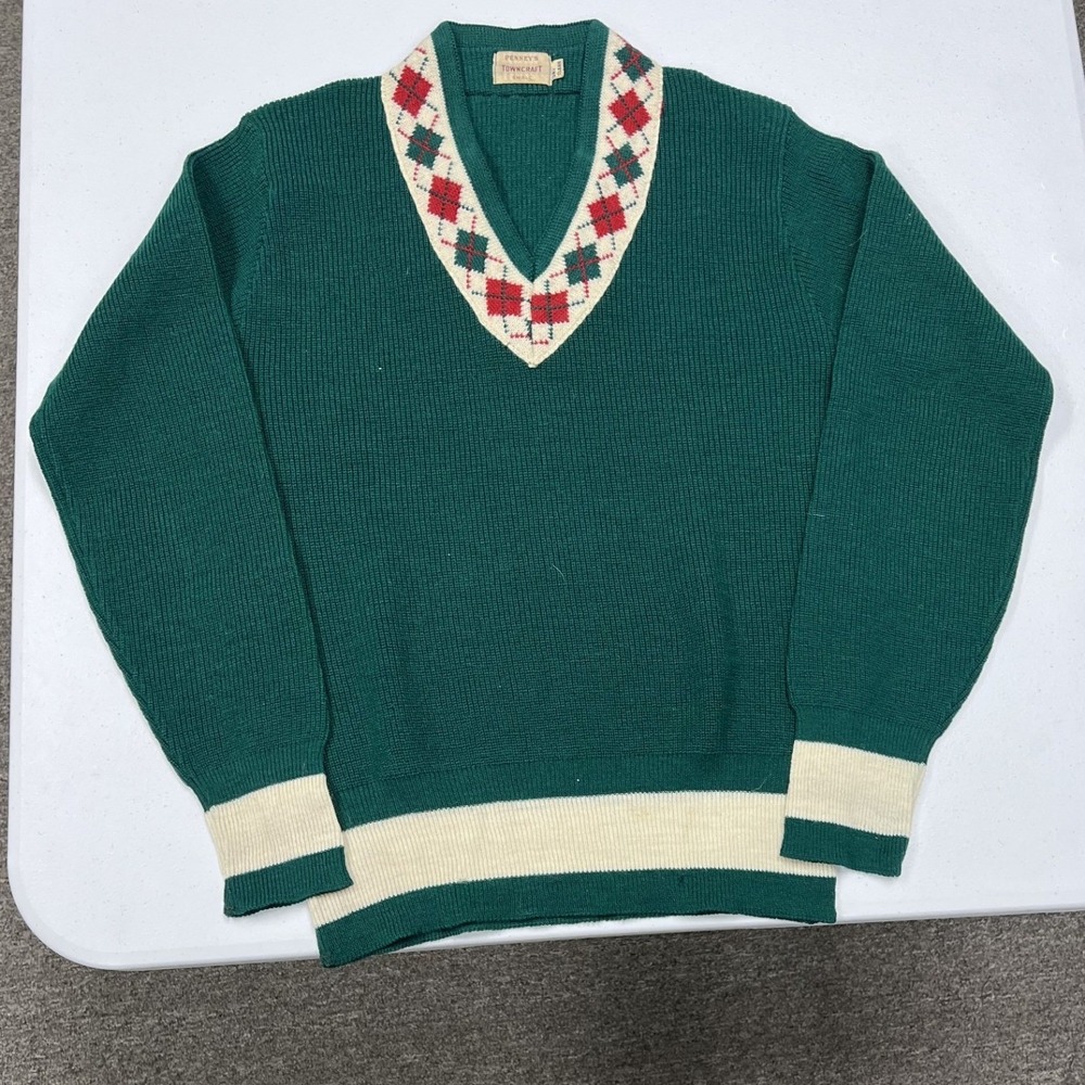 Penney's Towncraft Sweater Mens S Green Argyle V-Neck Vintage Ribbed Trim